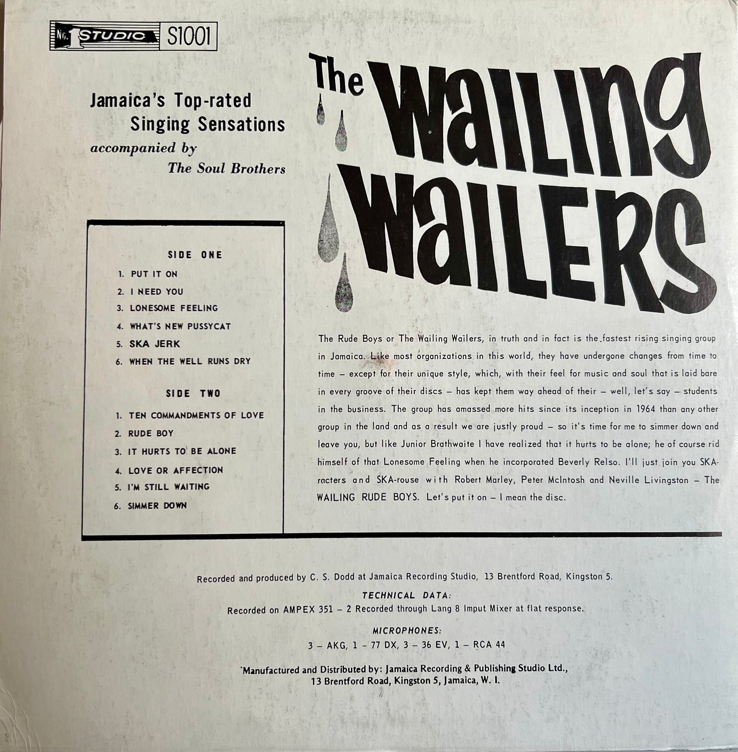 The Wailing Wailers LP (Studio One S1001, White Label Jamaican Repress, Mid 1970s, VG Vinyl)