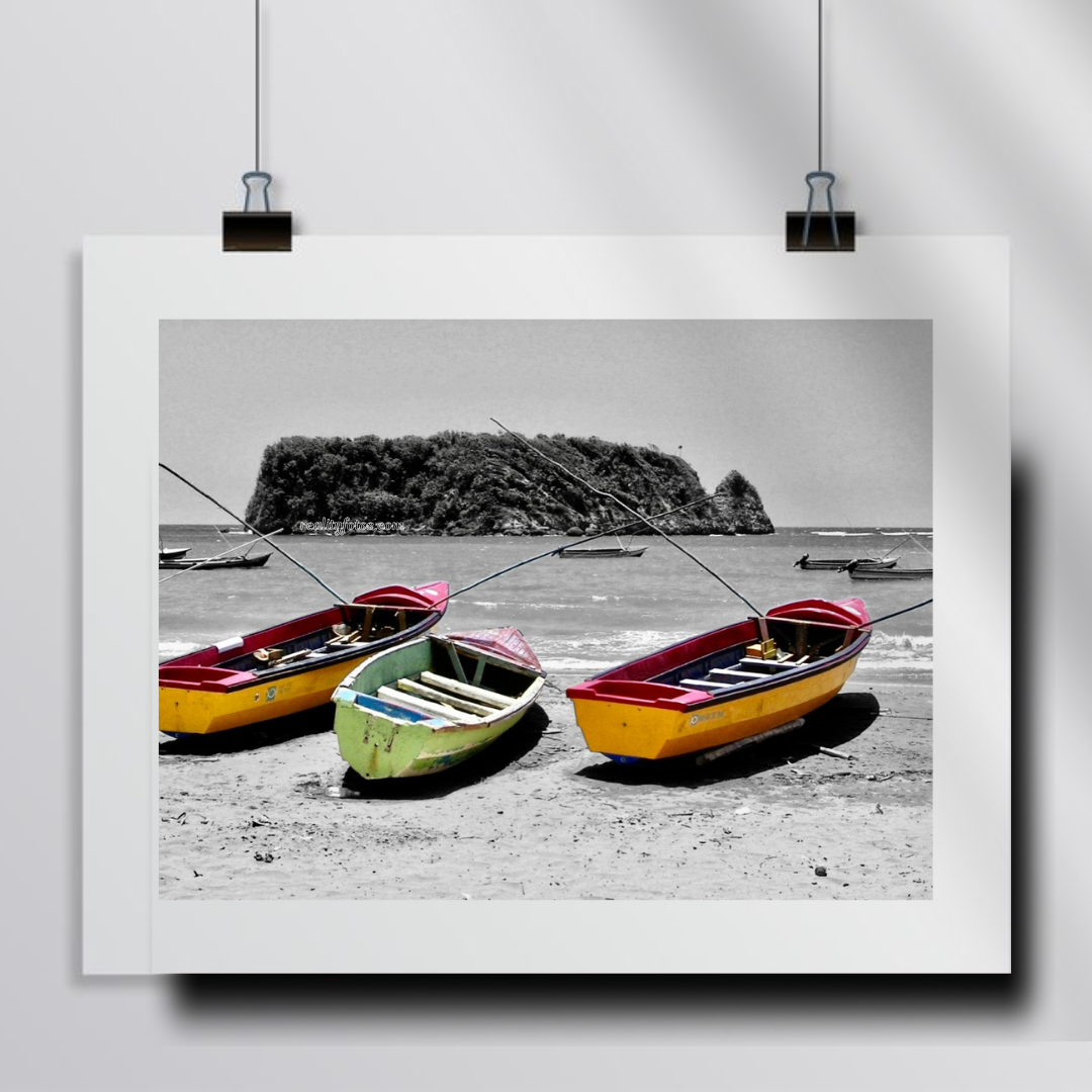 Jamaica Sandy Beach with Three Colorful Fishing Boats - Framed Wall Art Print