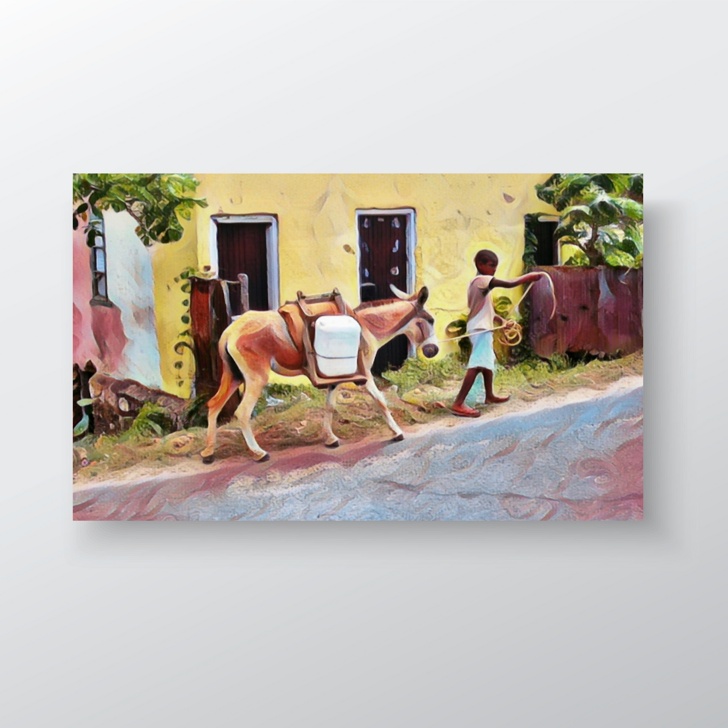 Boy with Donkey Walking on Country Road in Rural Jamaica